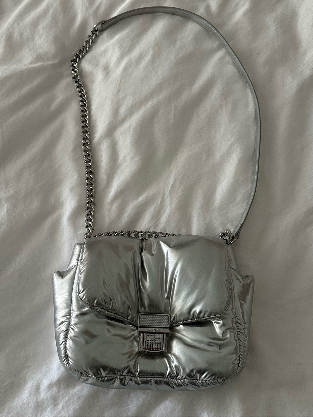 MSGM Puffer Clic Chain-Linked Padded Crossbody Bag Chrome Silver